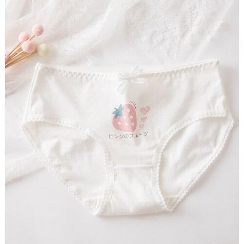 Pure Cotton Girl Korean Strawberry White Cute Cartoon Print Student Low-rise Briefs Underwear