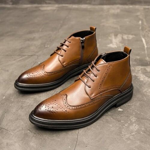 Yomior Brand Fashion Men Shoes Spring Autumn Vintage British Zipper Ankle Boots Casual Dress Brogue Western Boots Leather Shoes