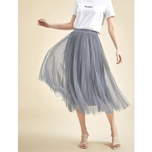 Spring Summer Silver Gray Long Mesh Skirt Office Lady England Korean Style Elastic Waist Basic Grey Accordion Pleated Skirts