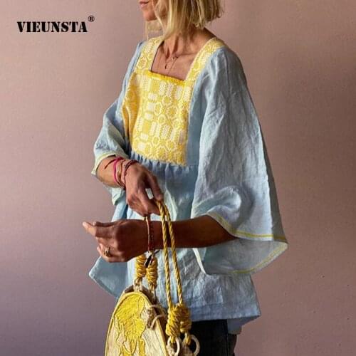 Women Autumn Cotton Numb Printing Tops Elegant Square Collar Flared Sleeves Pullover Loose Casual Street Style Maternity Clothes