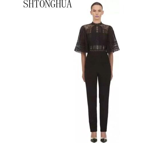 Self Portrait 2020 Summer Women Temperament Cloak Sleeve Lace Patchwork jumpsuits High Waist Long Pant Fashion Romper Jumpsuit