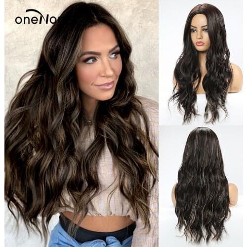 OneNonly Long Wave Middle Part Ombre Dark Brown Blonde Natural Synthetic Wigs for Women Party Daily Use Hair Cosplay Wig
