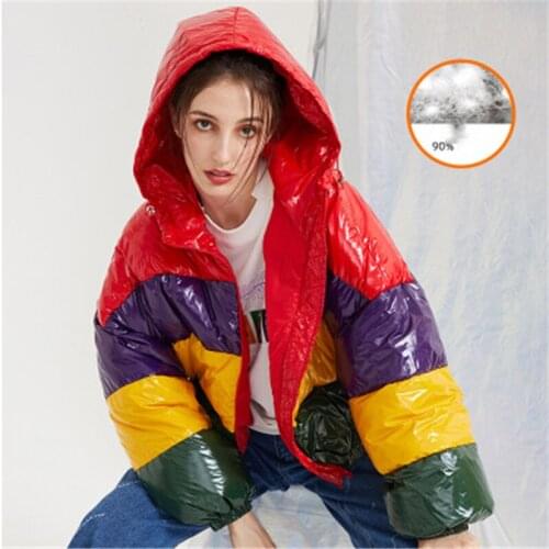 Winter fashion hit color colorful glossy thick duck down coat female hooded thicker warm duck down coat for cold weather W159