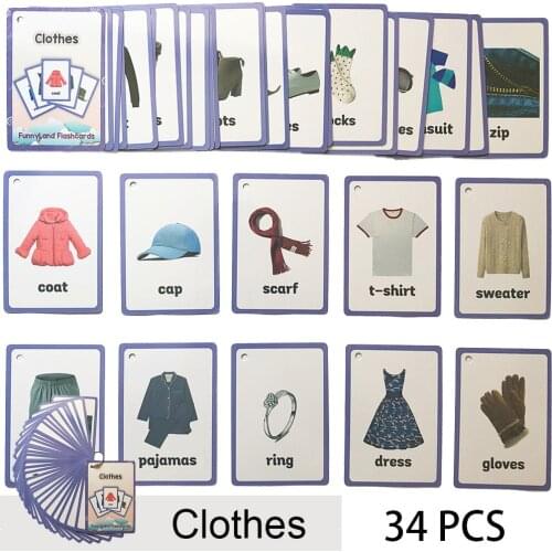 34 Pcs/Set Clothes and Daily Routines English Learning Flash Card Children Early Educational Toys