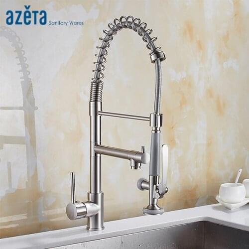 Azeta Dual Sprayer Pull-down Kitchen Faucet Brushed Nickel Brass Single Handle Deck Mounted Kitchen Mixer Tap MK9864BN