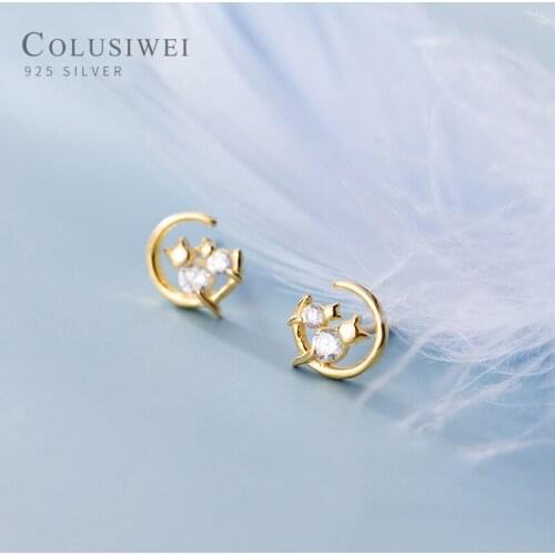 COLUSIWEI Genuine 925 Sterling Silver Shining Clear CZ Stud Earring for Women Cute Cat and Moon Ear Pin Fine Jewelry Accessories