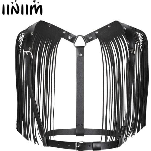 Women PU Leather LED Tron Dance Wear Dancing Tops Adjustable Body Chest Harness Bondage Belt with Shoulder Tassel Night Clubwear