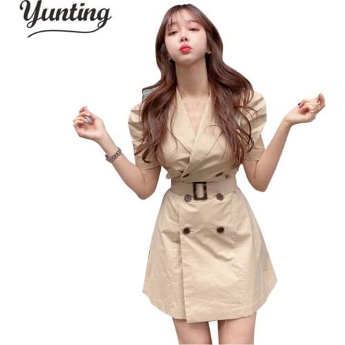 Women Double Breasted Notched Lapel Collar Blazer Dress Suits Solid Chic Elegant Plelated A-Line Mini Dress 2021 Spring Fall