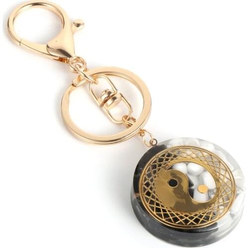 Chinese Yin and Yang Tai Chi Orgone Keychain Natural Stone Black Obsidian White Turquoises Resin Healing Orgonite Car Key Holder