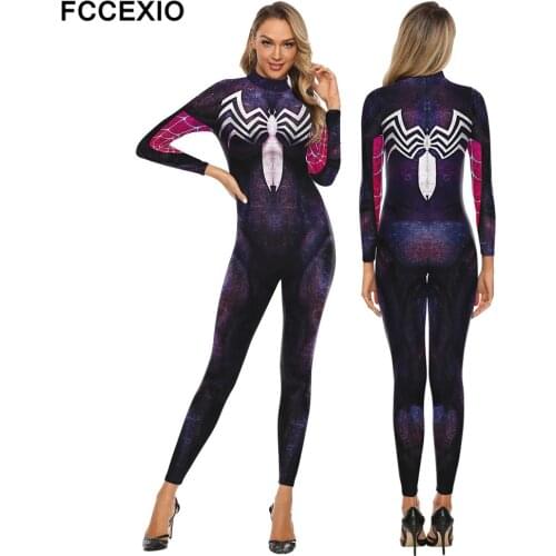 FCCEXIO The Party Series Battle Spider Hero 3D Print Jumpsuit Plus Size Long Sleeve Sexy Women Skinny Elastic Fashion Bodysuits