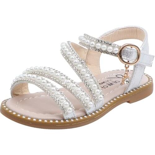 Summer Girls Shoes Bead Mary Janes Flats Fling Princess Shoes Baby Dance Shoes Kids Sandals Children Wedding Shoes Pink