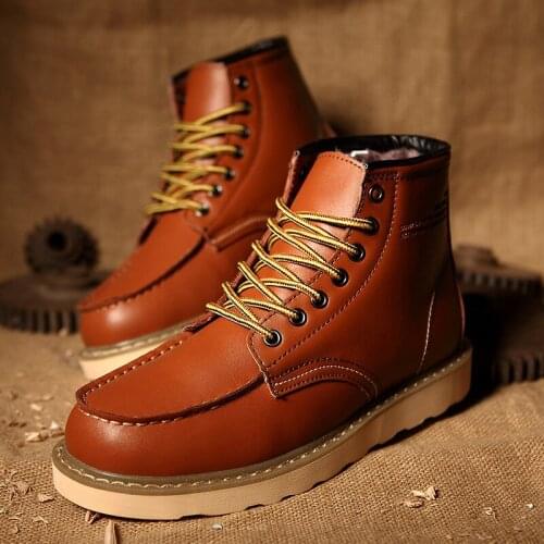 Autumn Winter Retro Mens Work Boots Brown Platform Warm Fur Boots Men Casual Non-slip Rubber Comfortable Leather Boots for Men