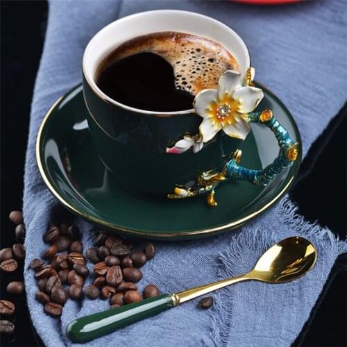 European Style Ceramic Handmade Enamel Painted 3D Flower Coffee Cup with Saucer Set Office Afternoon Teacup Porcelain Milk Mug