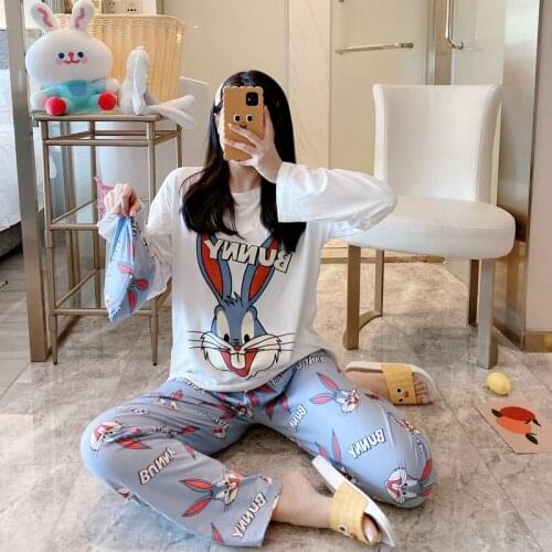 Sleepwear Cotton Thin Pyjama Suit Homewear With BagCute Cartoon Rabbit Print Pajamas Set For Women Long Sleeve