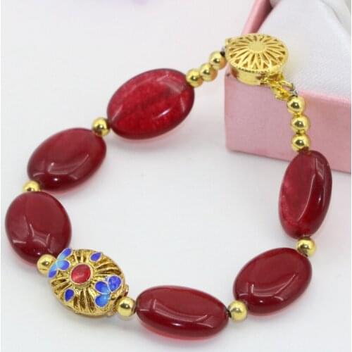 Wholesale Price Cloisonne Spacers Beads 13*18mm Red Natural Stone Jades Chalcedony Oval Strand Bracelets Jewelry 7.5inch B2727