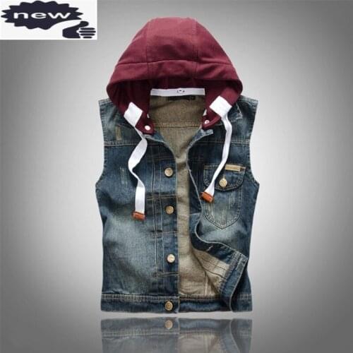 Autumn Mens Waistcoat Korean Fashion Casual Punk Style Vintage Hooded Vests Slim Motorcycle Hat Detachable Washed Man Denim Coat