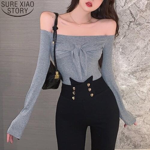 Autumn Long Sleeve Cotton Shirts Women Blouses Sexy Slash Neck Bottoming Shirt Off Shoulder Casual Short Tops Bow Blusas 16084