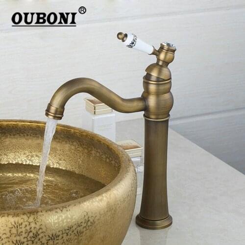 OUBONI Antique Brass Bathroom Faucet Ceramic Handle Hot & Cold Mixer Control Solid Brass Swivel Spray Wash Basin Sink Faucet Tap