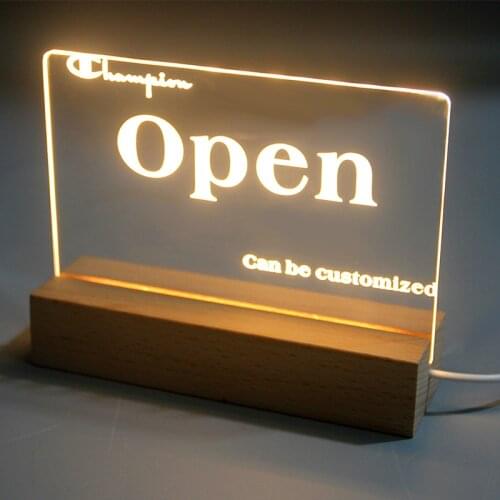 Plexiglass Acrylic Custom Logo LED Table Stand Slogan With Wood Base Support Decoration Night Light Gift