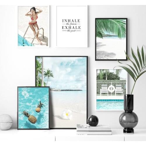 Blue Sea Beach Tropical Plants Landscape Poster Pineapple Sexy Girl Swimming Pool Wall Art Canvas Painting Pictures Home Decor