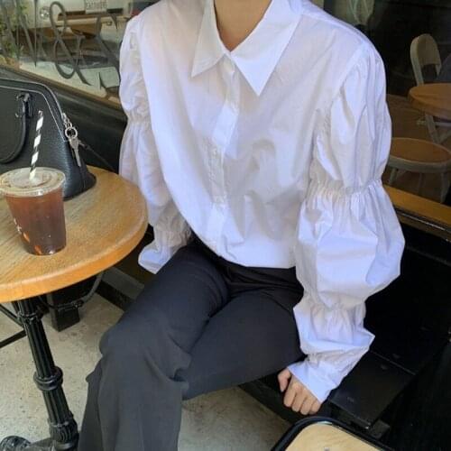 Casual Oversize White Puff Long Sleeve Shirts Button Up Turn Down Collar Tops Autumn Bottom Blusas Mujer De Moda All-match Basis