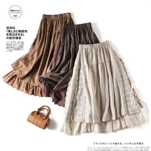 Japanese Linen Belt Lined Skirt With Lining Belt Mori Girl Embroidery Elastic Waist Mid-Length A-Line Sweet Beauty Skirt