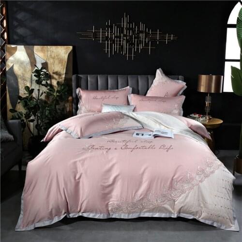 Luxury Bean Paste Pink Embroidery Egyptian Cotton Bedding Set Double Duvet Cover Set Bed Linen Pillowcases Home Textile