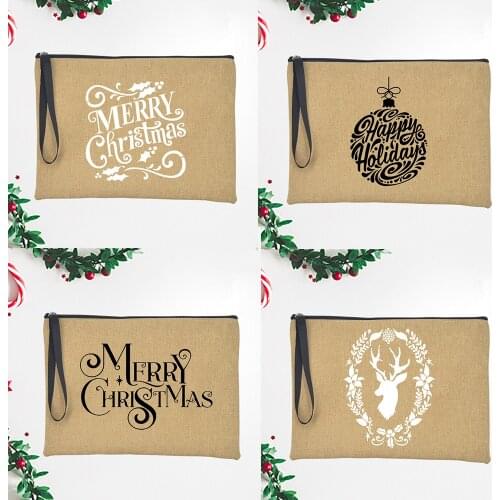 Merry Christmas Women Linen Clutch Bag Ladies Cosmetic Cases Handbags Lipstick Storage Printed Travel Makeup Pouch Pencil Bag