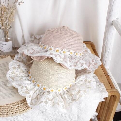 2021 Girls Large Wide Brim Straw Woven Sun Protection Beach Hat Colorful Pompom Ball Summer Floppy Bucket Cap Portable Handbag