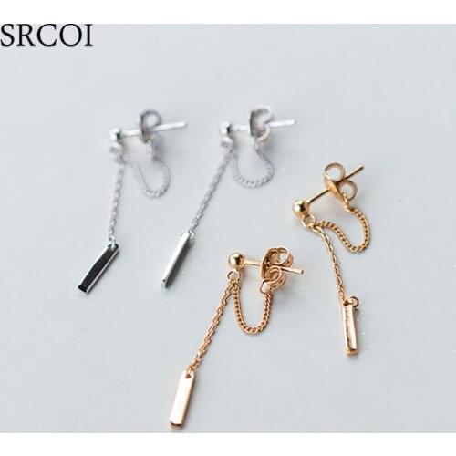 SRCOI 925 Sterling Silver Bar Long Chain Earrings Minimalist Small Bead Balls And Link Ear Thread Drop Earrings Delicate Jewelry
