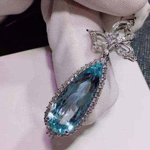 H620 Fine Jewelry 8K White Gold AU750 Natural Blue Aquamarine 9.88ct Gemstones Diamonds Ladys Pendants for Women Fine Necklace