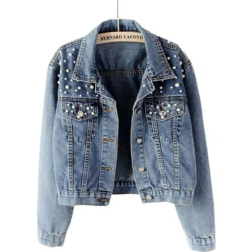 Plus Size Pearl Beading Short Denim Jackets 3Xl 5Xl Women White Wash Long Sleeve Vintage Casual Jean Jacket Bomber Denim Coat