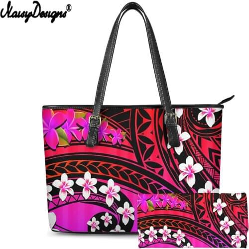 NOISYDESIGNS Gradient Plumeria Flower Polynesian Prints Women Shoulder Bag Trendy Leather Handbag With Long Wallet Large Totes