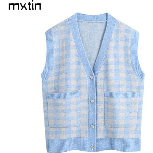 2021 Women Spring Vintage Sweet Blue Plaid Knitted Vest Sweater Fashion Single-breasted Sleeveless Female Waistcoat Chic Tops