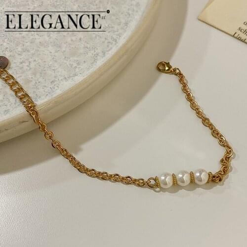 ELEGANCE11 Women Pearl Bracelet O Shaped Beaded Bracelet Gold Jewelry Metal Safety Buckle Friendship Chain Girl Retro Accessorie