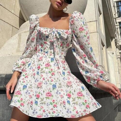 Sexy Floral Summer Dress Puff Sleeve Halter Tie Square Collar Casual Womens Dresses 2021 Boho Beach Mini A-line Vestidos New