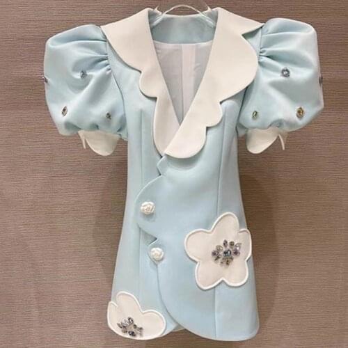 French style summer Diamond vintage puff sleeve dress women peter pan collar slim a-line party mini dress