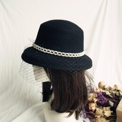 202008-panshi-Pearl mesh dinner formal wool Hepburn style lady bucket cap women fishermen hat