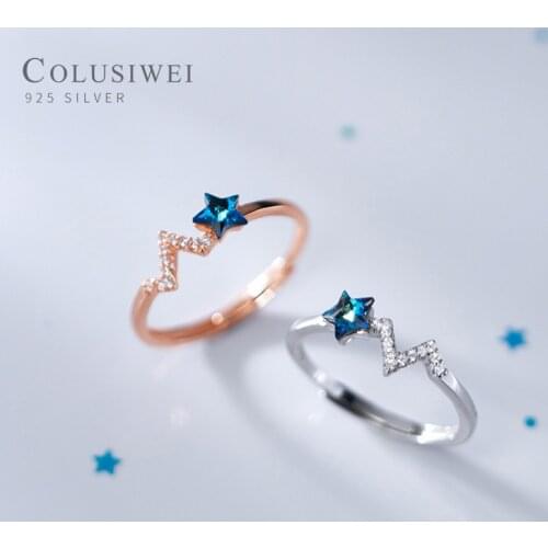 Colusiwei Real 925 Sterling Silver Crystal Star Finger Ring for Women Adjustable Clear Zircon Geometric Wave Ring Fine Jewelry