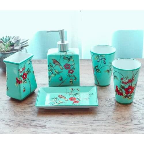 Bathroom Set Ceramic Liquid Soap Dispenser/Dish Toothbrush Holder Gargle Cups 5 Piece Wedding Gifts Birthday Presents