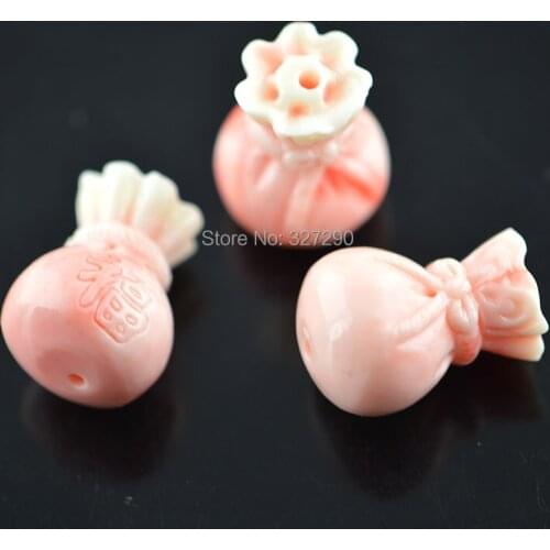 Chinese Ancient Money Bags Shape Imitated Blood Tridacna Pink Shell Power Beads Vertical Core 20pc/lot