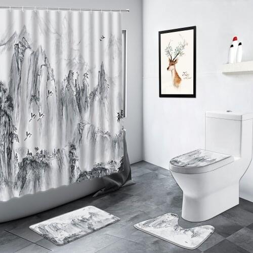 Chinese Style Landscape Shower Curtain Mountain Forest Plant Ink Painting Scenery Bathroom 4PCS Non-slip Rug Toilet Bath Mat Set