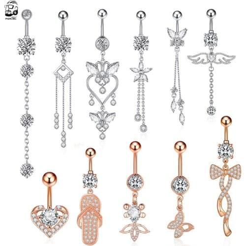 1PC Women Sexy Dangling Navel Belly Button Ring Fashion Steel Crystal Zircon Heart Butterfly Navel Piercing Ring Body Jewelry