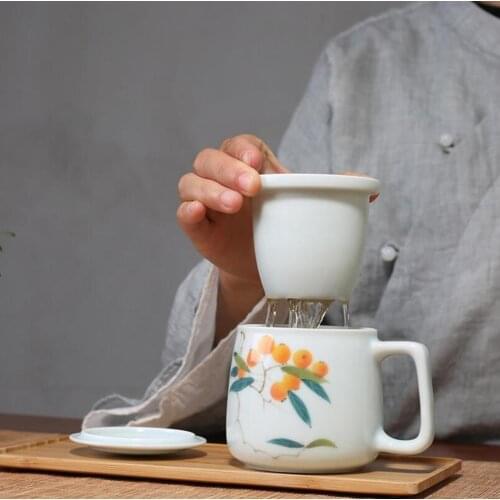 Loquat Ceramic Durable 3 In 1 Set Tea Coffee Cup Saucer Lid Infuser with Tea Filter Lid Mug Use Tea Separation for Home Office
