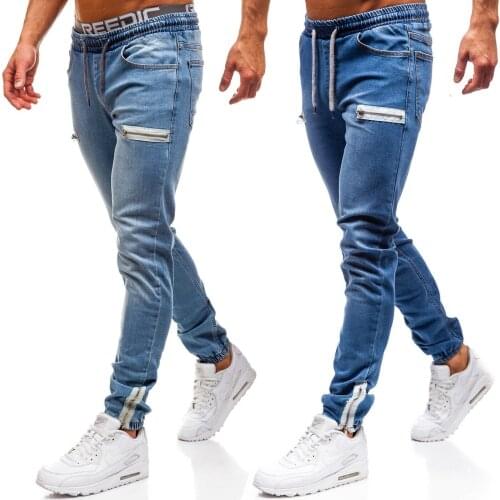 Men casual jeans spring and autumn new fashion washed distressed slim jeans zipper cuff sports denim pants male pencil pants