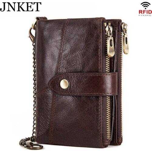 JNKET Retro Mens Genuine Leather Zipper RFID Wallet Billfold Clutch Wallet Coins Purse Wallet Detachable Metal Chain