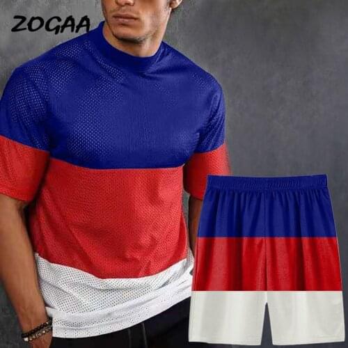 ZOGAA Sets Men Summer New Mens Color Matching Casual Sports Mesh Breathable Short-sleeved Shorts Suit Two Piece Plus Size Chic
