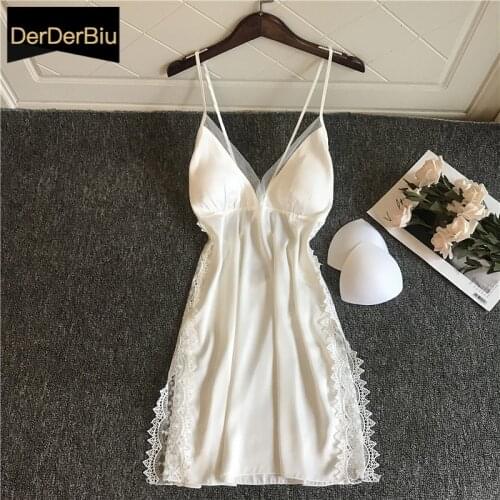 Women Nightgowns Sexy Lace Satin Sleepwear V-neck Nightdress With Chest Pads Homewear Summer Thin Backless Lounge Soft Nightwear