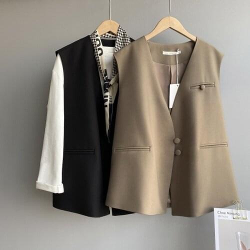 New Simple Solid All Match Blazer Tank Top Women Korean Fashion Casual Pockets Suits Vest 2021 Chic Femme Waistcoat