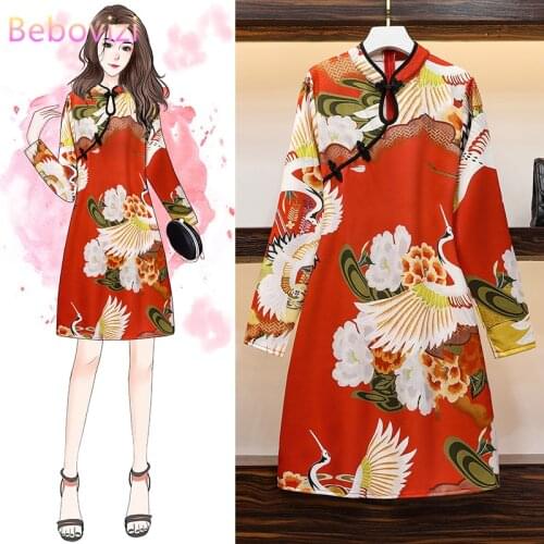 Autumn Winter M-4XL Plus Size Vintage Chinese Traditional Qipao Casual Party Women Midi Dress Long Sleeve Cheongsam Dresses 2020